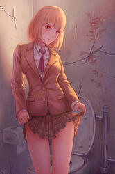  bad_id bad_pixiv_id blonde_hair blunt_bangs brown_eyes commentary_request female highres jay_xu looking_at_viewer md5_mismatch midorikawa_hana photoshop_(medium) prison_school school_uniform short_hair skirt skirt_hold solo toilet 