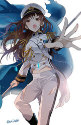  :o aiguillette brown_eyes brown_hair commentary_request epaulettes female gen_(enji) hat idolmaster idolmaster_cinderella_girls idolmaster_cinderella_girls_starlight_stage long_hair military military_hat military_uniform naval_uniform nitta_minami outstretched_hand pants photoshop_(medium) seizon_honnou_valkyria_(idolmaster) solo torn_clothes torn_pants uniform v-shaped_eyebrows 