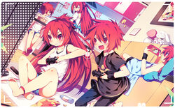  2girls 3boys :d ao_jun bad_id bad_pixiv_id barefoot blazing_heart_(elsword) blush chips_(food) controller couch doll dual_persona dutch_angle elesis_(elsword) elsword elsword_(character) food game_controller gamepad grand_master_(elsword) grin half_updo infinity_sword_(elsword) kitchen kneeling long_hair lord_knight_(elsword) multiple_boys multiple_girls multiple_persona no_nose open_mouth pants photoshop_(medium) playing_games pot potato_chips red_eyes red_hair remote_control rune_slayer_(elsword) shirt sitting smile v-shaped_eyebrows 