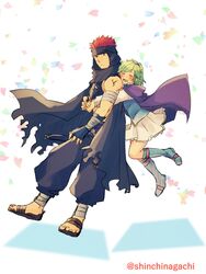  1boy absurdres bandages blue_eyes blush cape commentary_request couple female fingerless_gloves fire_emblem fire_emblem:_the_blazing_blade gloves green_hair hairband highres hug jaffar_(fire_emblem) nino_(fire_emblem) nishimura_(shinchinagachi) open_mouth protected_link red_eyes red_hair short_hair smile straight 