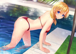  arm_support ass bikini blonde_hair blue_eyes blurry blush bokeh breasts chinese_commentary closed_mouth commentary_request day depth_of_field dutch_angle female grass hair_between_eyes highleg highleg_bikini long_hair looking_at_viewer low_twintails medium_breasts outdoors photoshop_(medium) pool red_bikini ripples rodney_(warship_girls_r) sideboob smile solo sparkle swimsuit thighs thong_bikini tile_floor tiles twintails wading warship_girls_r water_drop wet xiaoyin_li 