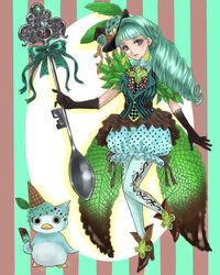  aqua_hair bird black_gloves bloomers blue_legwear bow braid commentary_request drill_hair duck earrings elbow_gloves expressionless female food food-themed_clothes food_as_clothes full_body ginshima_jill gloves green_bow green_eyes green_hair green_legwear hat high_heels ice_cream ice_cream_cone ice_cream_cone_on_head jewelry leaf long_hair looking_at_viewer mint original pantyhose personification pocketland popsicle spoon standing underwear 