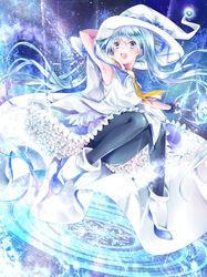  arm_up armpits blue_eyes blue_hair commentary_request female hat hatsune_miku kyashii_(a3yu9mi) long_hair magic_circle open_mouth pantyhose skirt snowflakes solo suki!_yuki!_maji_magic_(vocaloid) twintails very_long_hair vocaloid wand witch_hat yuki_miku yuki_miku_(2014) 