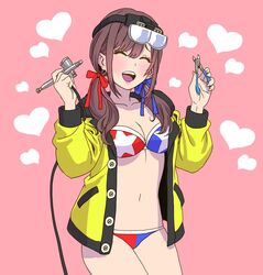  airbrush bikini blue_ribbon breasts brown_hair cleavage closed_eyes commentary cowboy_shot female goggles goggles_on_head hair_over_shoulder hair_ribbon head_tilt heart highres holding jacket light_blush lips long_hair long_sleeves magnifying_glass medium_breasts navel no_pants open_clothes open_jacket open_mouth original pink_background print_bikini red_ribbon ribbon smile solo standing star_(symbol) star_print swimsuit tamiya_incorporated twintails two-tone_bikini wire_cutters yamashita_shun&#039;ya yellow_jacket 