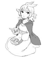  bowl cape commentary_request dungeon_meshi elf female fionil_(dungeon_meshi) food fork greyscale monochrome naotan pointy_ears short_hair solo 