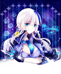  ascot blue_background blue_eyes blue_hair ciel_(elsword) commentary_request cross cross_earrings dreadlord_(elsword) earrings elsword female fingerless_gloves genderswap_(mtf) gloves hana_(66999128) jacket jacket_on_shoulders jewelry long_hair multicolored_hair partially_fingerless_gloves pointy_ears rule_63 smile solo symbol-shaped_pupils two-tone_hair upper_body white_hair 