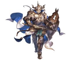  1boy armor armored_boots baotorda blade_grab blonde_hair blue_eyes boots cape draph fake_horns full_armor full_body gauntlets gloves granblue_fantasy half-swording helmet horned_helmet horns male_focus minaba_hideo official_art shield solo sword transparent_background weapon 