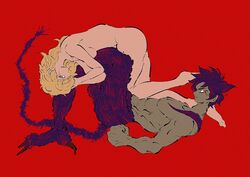  1boy abs asuka_ryou black_hair blonde_hair blood blood_from_eyes blue_eyes breasts brown_eyes character_request check_character commentary_request dark_skin devilman devilman_crybaby female fudou_akira leg_hair long_hair looking_at_viewer lying nude on_back profile red_background satan_(devilman) short_hair simple_background tail uzuta 