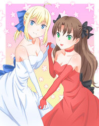  2girls artoria_pendragon_(fate) bare_shoulders blonde_hair blue_eyes breasts brown_hair choker cleavage commentary_request elbow_gloves fate/stay_night fate/unlimited_blade_works fate_(series) gloves green_eyes holding_hands long_hair medium_breasts multiple_girls official_alternate_costume ponytail saber_(fate) short_ponytail smile tohsaka_rin watawatage 