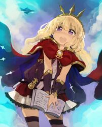  :d aircraft airship blonde_hair blush book cagliostro_(granblue_fantasy) cape cloud commentary_request female granblue_fantasy grancypher_(granblue_fantasy) hairband highres holding holding_book izuoku long_hair nose_blush open_book open_mouth purple_eyes skirt sky smile solo sparkle spikes vial 