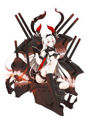  absurdres abyssal_ship air_defense_princess anchor bad_id bad_pixiv_id black_footwear black_gloves boots breasts cannon chains fedsnk female full_body gloves hairband highres horns kantai_collection knee_boots large_breasts long_hair looking_at_viewer mecha_musume parted_lips photoshop_(medium) red_eyes simple_background smile solo thigh_strap torn_clothes tsurime turret underboob white_background white_hair 