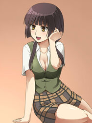  :d aihara_academy_school_uniform arm_support awa black_hair blunt_bangs breasts brown_background citrus_(saburouta) cleavage collared_shirt dress_shirt female green_vest long_hair looking_to_the_side medium_breasts miniskirt open_clothes open_mouth open_shirt school_uniform shirt short_sleeves sitting skirt smile solo taniguchi_harumi tucking_hair vest white_shirt yellow_eyes yokozuwari 