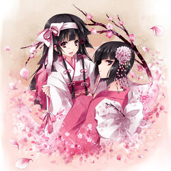  1boy alluka_zoldyck androgynous black_hair cherry_blossoms chrysanthemum crossdressing drugstore04 female from_behind hair_ornament hair_ribbon hunter_x_hunter japanese_clothes kalluto_zoldyck kimono lolicon long_hair looking_at_viewer open_mouth petals pink pink_eyes profile ribbon simple_background smile traditional_clothes trap 