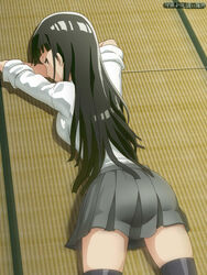  ass awa black_hair black_thighhighs blunt_bangs brown_eyes collared_shirt copyright_name dress_shirt female grey_skirt kobuchizawa_shirase long_hair long_sleeves looking_at_viewer looking_back lying miniskirt on_stomach pleated_skirt school_uniform shirt skirt sleeves_rolled_up smile solo sora_yori_mo_tooi_basho thighhighs very_long_hair white_shirt 