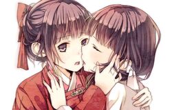  2girls bad_id bad_pixiv_id black_eyes black_hair chinese_clothes closed_eyes hair_ribbon imminent_kiss kissing multiple_girls open_mouth original pvmivs ribbon short_hair simple_background yuri 