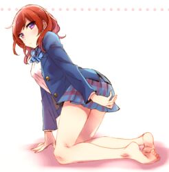  bare_legs barefoot blazer commentary_request covering_ass covering_privates feet female full_body jacket kneeling looking_at_viewer love_live! love_live!_school_idol_festival love_live!_school_idol_project nishikino_maki otonokizaka_school_uniform purple_eyes red_hair school_uniform short_hair skirt solo winter_uniform yuzucky 