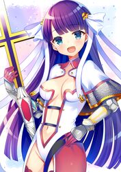  aozora_nan armor blue_eyes blush breasts cleavage commentary_request cross fate/grand_order fate_(series) female highres large_breasts long_hair looking_at_viewer martha_(fate) navel open_mouth purple_hair smile solo 