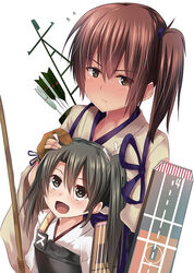  &gt;:( 2girls aged_down arrow_(projectile) blush bow_(weapon) brown_eyes brown_hair commentary_request cradling_head flight_deck flying_sweatdrops frown full-face_blush gloves grey_hair hair_ribbon hand_on_another&#039;s_head height_difference japanese_clothes kaga_(kancolle) kantai_collection leaning_back leaning_on_person long_hair looking_at_another looking_up multiple_girls muneate open_mouth partially_fingerless_gloves photoshop_(medium) pointy_ears polearm quiver ribbon short_hair side_ponytail simple_background spear tai_(nazutai) tasuki twintails upper_body v-shaped_eyebrows weapon white_background yugake zuikaku_(kancolle) 