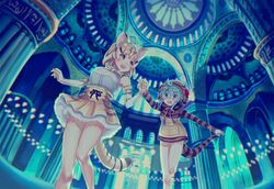  2girls :d :o animal_ears arch architecture bad_id bad_twitter_id bare_legs blonde_hair blue_hair blue_ribbon blue_theme blush bow bowtie cat_ears cat_tail column commentary_request constantinople dome elbow_gloves feet_out_of_frame frilled_skirt frills from_below gloves gradient_ribbon hagia_sophia hair_between_eyes highres holding_hands hood hoodie indoors kemono_friends long_sleeves looking_at_another mosque multicolored_hair multiple_girls neck_ribbon no_pants noah_(noxxxmo) nose_blush open_mouth pillar pink_ribbon real_world_location ribbon sand_cat_(kemono_friends) scenery short_hair skirt sleeveless smile snake_tail striped sultan_ahmed_mosque tail tsuchinoko_(kemono_friends) turkey_(country) 