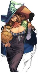  animal bird breasts brown_hair cleavage dress female female glasses grand_knights_history hand_on_hip hat holding huge_breasts long_hair muse_cromwell oda_non owl red_eyes smile solo standing witch_hat 