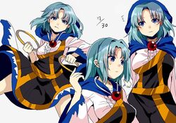  bad_id bad_twitter_id blue_eyes blue_hair blush breasts commentary_request dated female fighting_stance hood hoop jewelry kesa kumoi_ichirin long_sleeves medium_breasts multiple_views one-hour_drawing_challenge pendant sameya sigh sweat touhou 