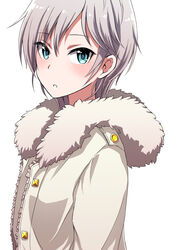  anastasia_(idolmaster) aqua_eyes blush commentary_request female grey_hair highres idolmaster idolmaster_cinderella_girls looking_at_viewer meganei photoshop_(medium) short_hair simple_background solo white_background 