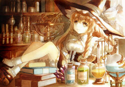  adapted_costume alchemy apron armillary_sphere bad_id bad_pixiv_id black_dress blonde_hair bobby_socks book book_stack braid cabinet center_frills chemistry cork corset crossed_ankles crystal dress female flask frills hair_over_shoulder hat hat_ribbon indoors keiko_(mitakarawa) kirisame_marisa laboratory light_smile long_hair looking_at_viewer ribbon round-bottom_flask sepia shelf shoes side_braid single_braid sitting smile socks solo test_tube test_tube_rack touhou underbust waist_apron wavy_hair white_socks witch_hat yellow_eyes 