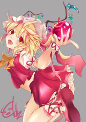  absurdres apple bad_apple!! blonde_hair cekonikova commentary_request crystal female flandre_day flandre_scarlet food fruit hat hat_ribbon highres mob_cap open_mouth red_eyes ribbon short_sleeves simple_background skirt solo tongue tongue_out touhou wings wrist_cuffs 