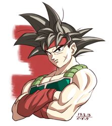  1boy arm_warmers armor bardock black_hair commentary_request crossed_arms dragon_ball dragon_ball_z headband male_focus muscular saiyan_armor scar solo spiked_hair taikyokuturugi 