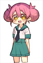  :d bad_id bad_twitter_id black_necktie chibi commentary_request cowboy_shot double_bun female green_sailor_collar green_skirt hair_bun highres looking_at_viewer mozu_1oo necktie open_mouth original pink_hair pleated_skirt sailor_collar school_uniform serafuku shirt short_hair short_sleeves simple_background skirt smile solo standing white_background white_shirt yellow_eyes 