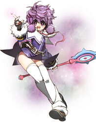  :d aisha_landar bad_id bad_pixiv_id belt elsword female fingerless_gloves full_body gloves hair_tubes holding holding_wand limble magician_(elsword) messy_hair open_mouth photoshop_(medium) purple_background purple_eyes purple_hair purple_skirt purple_theme shoes short_hair skirt smile solo thighhighs wand white_thighhighs 