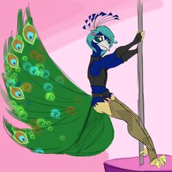  1:1 anthro avian beak bird blue_hair clothed clothing crossdressing dancing danny_(vampiresacrifice) digitigrade feathers feet femboy fishnet_clothing frothinglizard galliform garter_straps hair hi_res holding_fixture legwear male navel peafowl phasianid pole pole_dancing solo talons thigh_highs toes topwear vest 