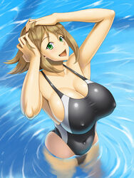  arms_up bare_shoulders blush breasts brown_hair cleavage commentary_request competition_swimsuit covered_navel covered_nipples day female green_eyes hands_in_hair huge_breasts kantai_collection kawanuma_uotsuri looking_at_viewer mutsu_(kancolle) one-piece_swimsuit open_mouth outdoors shiny_skin short_hair solo standing swimsuit wading water 