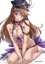  armlet bare_legs bare_shoulders bikini blue_eyes blush braid breasts brown_hair choker commentary_request eyebrows_hidden_by_hair female frilled_bikini frills granblue_fantasy hat hat_feather jewelry large_breasts lecia_(granblue_fantasy) lecia_(summer)_(granblue_fantasy) long_hair open_mouth peaked_cap polka_dot polka_dot_bikini sakiyamama sitting smile solo swimsuit wariza 