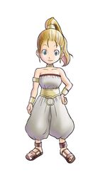  armlet bad_id bad_pixiv_id bare_arms bare_shoulders blonde_hair blue_eyes breasts chrono_trigger collarbone female forehead full_body gladiator_sandals gold_trim hair_pulled_back hair_strand hand_on_own_hip high_ponytail highres i-carmine jewelry marle_(chrono_trigger) medium_hair neck_ring o-ring photoshop_(medium) puffy_pants raised_eyebrows sandals simple_background smile solo standing strapless white_background 