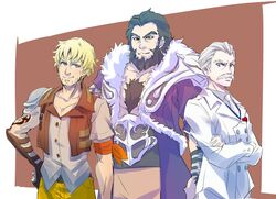  3boys asymmetrical_sleeves beard black_hair blonde_hair chest_hair commentary_request crossed_arms facial_hair father&#039;s_day ghira_belladonna iesupa jacques_schnee manly moustache multiple_boys rwby stubble taiyang_xiao_long uneven_sleeves white_hair 