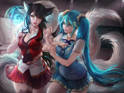  ahri animal_ears cleavage league_of_legends sakimichan seifuku signed sona_buvelle tail 