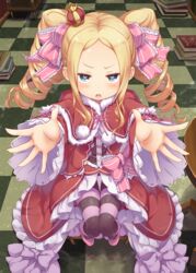  :o beatrice_(re:zero) blonde_hair blush book bow butterfly-shaped_pupils capelet checkered_floor commentary_request crown dress drill_hair female frilled_dress frilled_sleeves frills from_above full_body fur_trim hair_ribbon highres incoming_hug indoors knees_together_feet_apart long_hair long_sleeves looking_at_viewer mafuyun mini_crown open_mouth outstretched_arms pantyhose pom_pom_(clothes) re:zero_kara_hajimeru_isekai_seikatsu reflection ribbon shoes sidelocks solo striped_clothes striped_pantyhose symbol-shaped_pupils table teeth twin_drills twintails v-shaped_eyebrows 