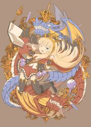  ;d alternate_eye_color beaker black_thighhighs blonde_hair blue_eyes blush book brown_background cagliostro_(granblue_fantasy) commentary_request dragon female granblue_fantasy hairband long_hair one_eye_closed ooide_chousuke open_book open_mouth ouroboros_(granblue_fantasy) red_skirt sidelocks simple_background skirt smile solo strap thighhighs zettai_ryouiki 