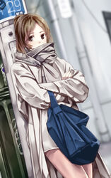  bad_id bad_pixiv_id bag blurry brown_eyes brown_hair coat crossed_arms depth_of_field female looking_at_viewer original pvmivs scarf short_hair solo 