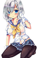  bad_id bad_pixiv_id black_pantyhose blue_eyes blush breasts commentary_request female gloves grey_hair hair_ornament hairclip hamakaze_(kancolle) kantai_collection large_breasts looking_at_viewer pantyhose school_uniform see-through serafuku short_hair short_sleeves solo wet wet_clothes yoroi_nau 