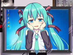  aqua_eyes aqua_hair bad_id bad_pixiv_id commentary detached_sleeves female google_chrome hair_ribbon hatsune_miku long_hair minecraft mitsubishi_electric monitor necktie okuri_banto open_mouth photoshop_(medium) ribbon smile solo through_medium through_screen twintails vocaloid windows_desktop 