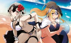  2girls bare_shoulders beach bent_over bikini blonde_hair blue_eyes blush body_writing breasts cape cleavage cloud commentary_request day fate/grand_order fate_(series) headpiece jeanne_d&#039;arc_(fate) jeanne_d&#039;arc_(ruler)_(fate) jeanne_d&#039;arc_alter_(avenger)_(fate) jeanne_d&#039;arc_alter_(fate) large_breasts multiple_girls navel outdoors pale_skin platinum_blonde_hair ponytail sand short_hair sky swimsuit thigh_strap vane_(vane0) water yellow_eyes 