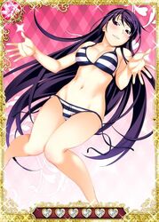  bikini black_hair breasts card_(medium) cleavage collarbone female grisaia_(series) grisaia_no_kajitsu groin long_hair looking_at_viewer medium_breasts purple_eyes sakaki_yumiko side-tie_bikini_bottom solo striped_bikini striped_clothes swimsuit untied_bikini 