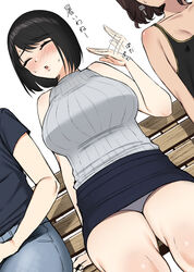  1boy 2girls bench blush breasts brown_hair closed_eyes commentary_request covered_nipples dress flat_chest gyouza_teishoku highres large_breasts multiple_girls open_mouth original panties pantyshot pencil_skirt ribbed_sweater short_hair sitting skirt sleeveless sleeveless_dress sleeveless_turtleneck small_breasts solo_focus sweat sweatdrop sweater translated turtleneck underwear white_panties 