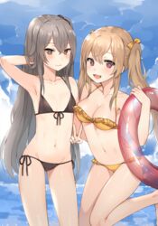  2girls alternate_costume armpits bad_id bad_pixiv_id bikini black_bikini blue_sky blush breasts brown_eyes brown_hair canape_(canape0130) cleavage closed_mouth cloud collarbone commentary day flat_chest frilled_bikini frills front-tie_top girls&#039;_frontline grey_hair groin hair_between_eyes hand_in_own_hair holding holding_swim_ring innertube leg_up long_hair looking_at_viewer medium_breasts multiple_girls navel ocean one_side_up open_mouth outdoors scar scar_across_eye scar_on_face side-tie_bikini_bottom sidelocks sky smile standing standing_on_one_leg stomach swim_ring swimsuit thighs twintails ump45_(girls&#039;_frontline) ump9_(girls&#039;_frontline) v yellow_bikini yellow_eyes 