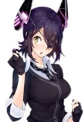  :o amami_amayu blush checkered_necktie commentary eyepatch female gloves glowing headgear kantai_collection looking_at_viewer necktie partially_fingerless_gloves purple_hair simple_background solo sparkle tenryuu_(kancolle) twirling_hair upper_body white_background yellow_eyes 