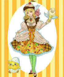  apple apple_slice bird blonde_hair bow cherry chick commentary_request dress egg eggshell_hat female food food-themed_clothes food_print fruit full_body ginshima_jill green_legwear hat highres kiwi_(fruit) looking_at_viewer orange_(fruit) orange_bow orange_slice original personification plaid plaid_dress pocketland print_dress print_skirt pudding skirt skirt_hold smile solo standing strawberry striped striped_background vertical_stripes wrist_cuffs yellow_eyes 