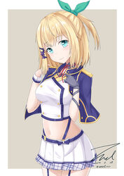  alzano_school_uniform bad_id bad_pixiv_id blonde_hair blush breasts closed_mouth crop_top dated female garter_straps green_ribbons hair_ornament hair_ribbon highres large_breasts looking_at_viewer midriff navel photoshop_(medium) ribbon rokudenashi_majutsu_koushi_to_akashic_record rumia_tingel school_uniform shirt short_ponytail signature skirt smile solo taut_clothes taut_shirt twitter_username unel white_skirt x_hair_ornament 