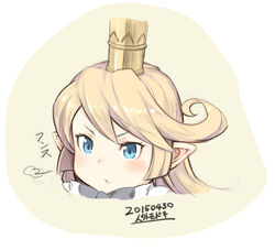  :&lt; blonde_hair blue_eyes charlotta_(granblue_fantasy) closed_mouth commentary_request crown dated female granblue_fantasy jingai_modoki long_hair pointy_ears solo tall_crown upper_body v-shaped_eyebrows 